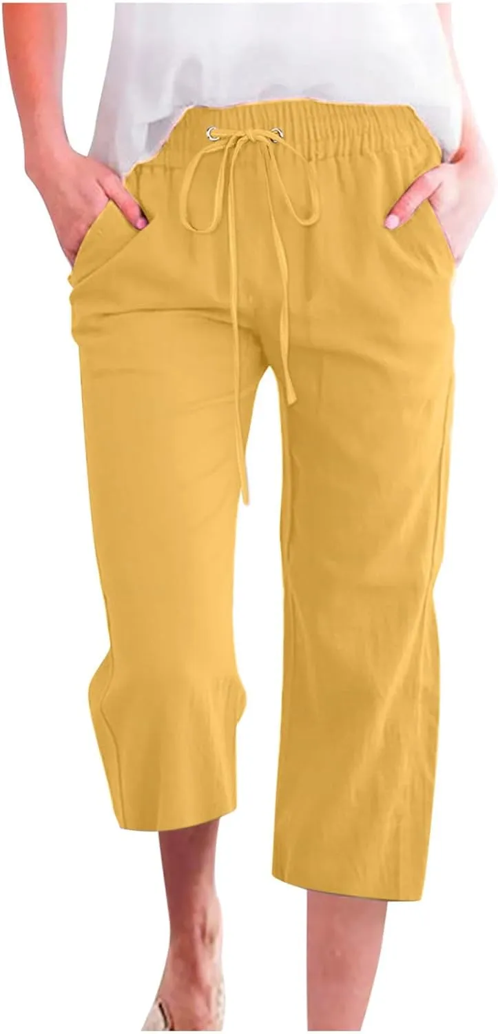Mzkdieey Capri Pants for Women High Waisted Wide Leg Cotton Linen Cropped Trousers Summer Flowy Lounge Pants with Pockets