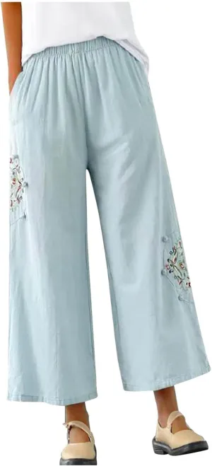 Mzkdieey Womens Wide Leg Capri Pants Mexican Embroidered Peasant Cropped Trousers Cotton Linen High Waist Palazzo Pants
