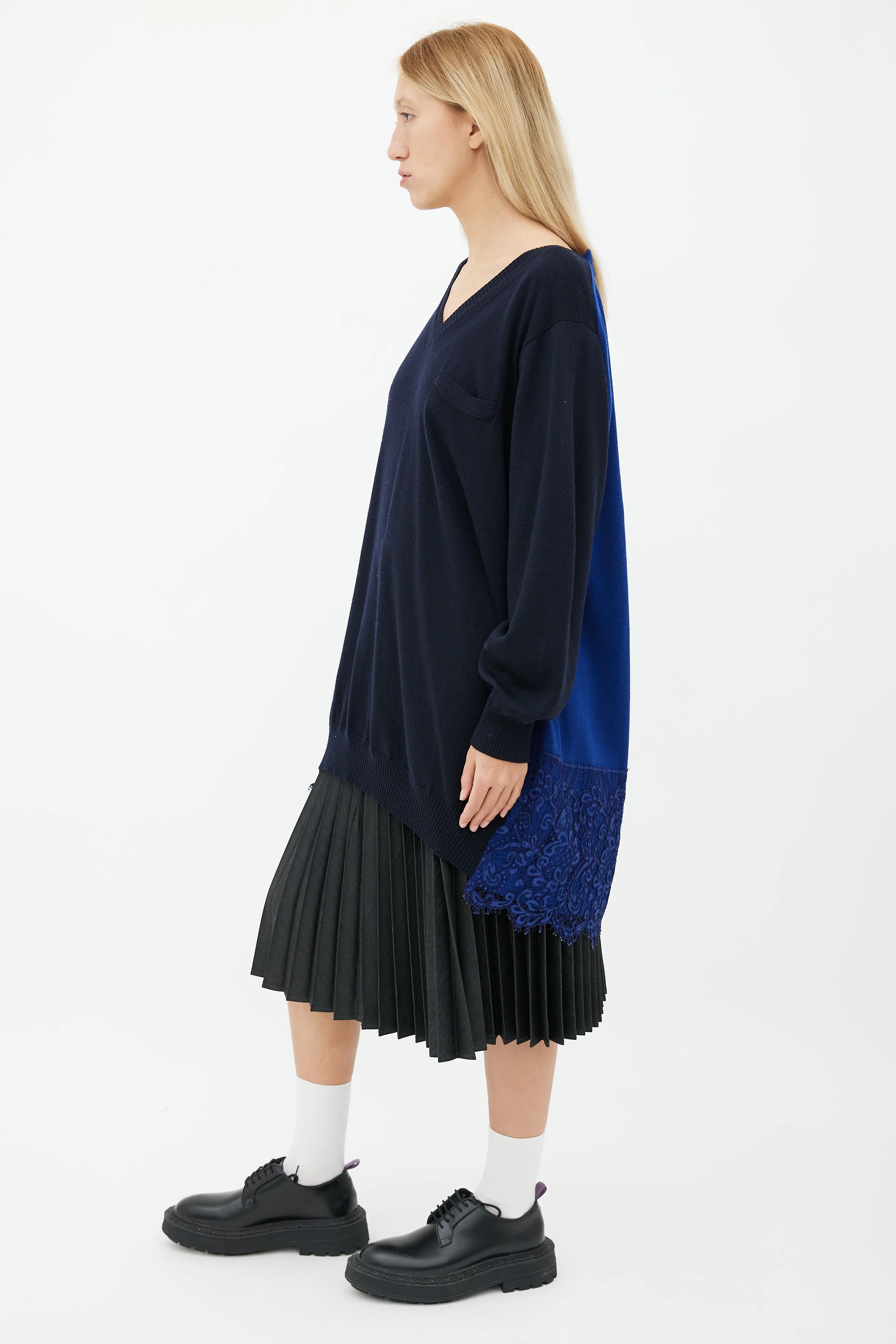 Navy & Blue Wool Lace Trim Sweater