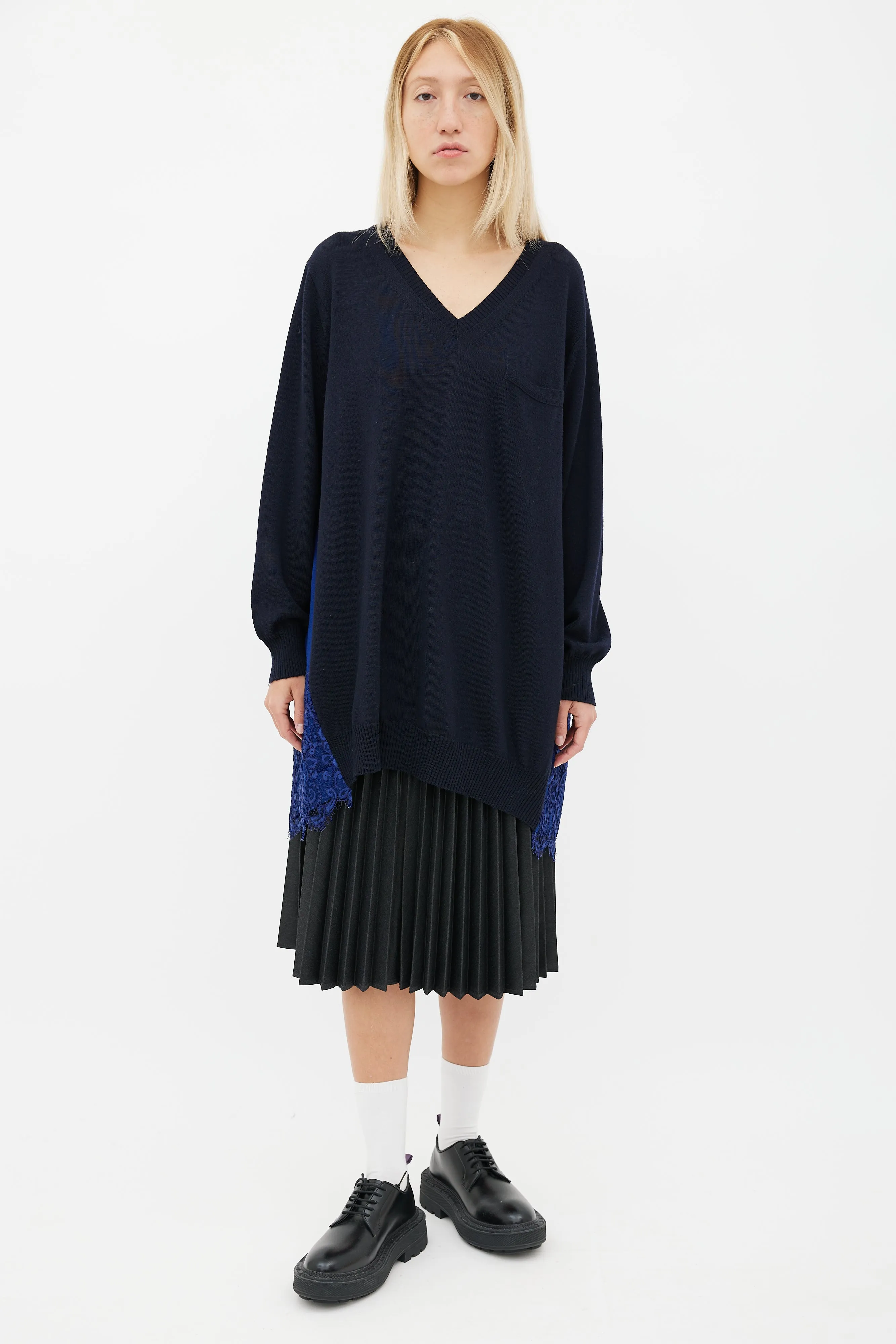 Navy & Blue Wool Lace Trim Sweater