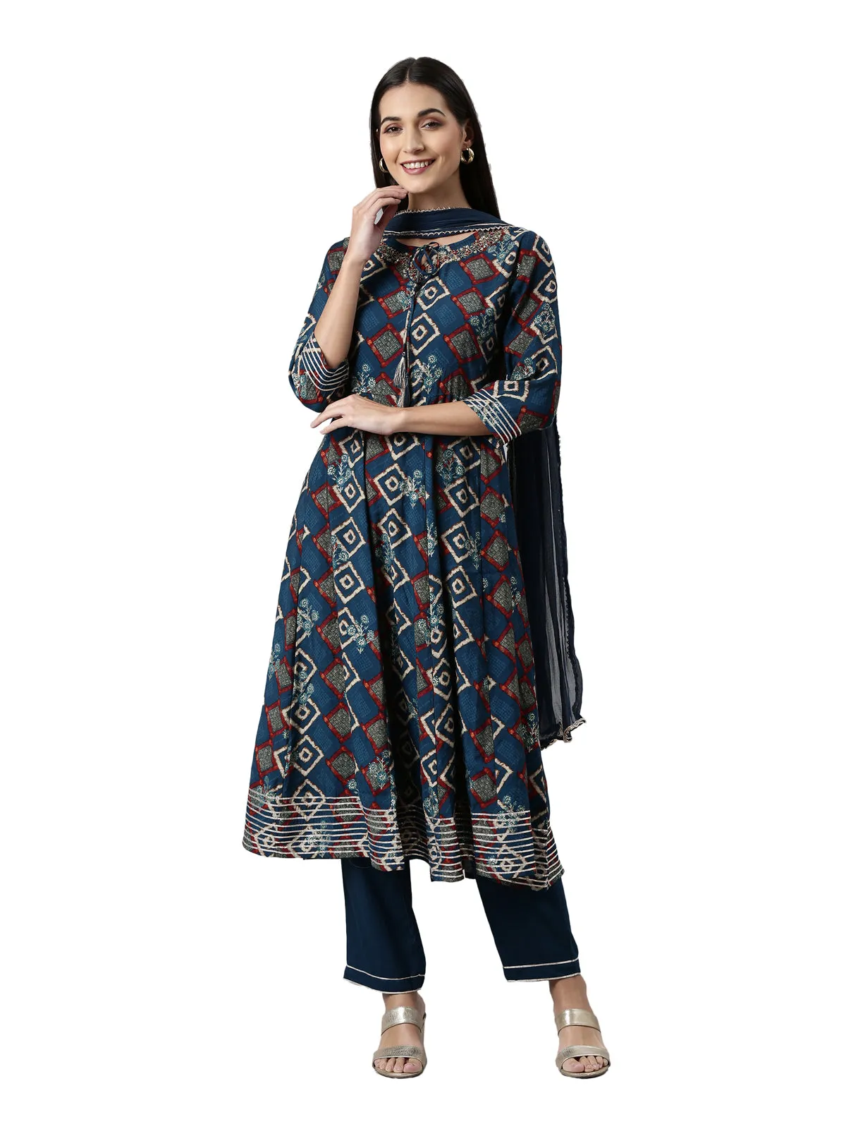 Neeru's Blue Regular Calf Length Printed Readymade Suits