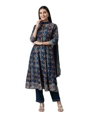 Neeru's Blue Regular Calf Length Printed Readymade Suits