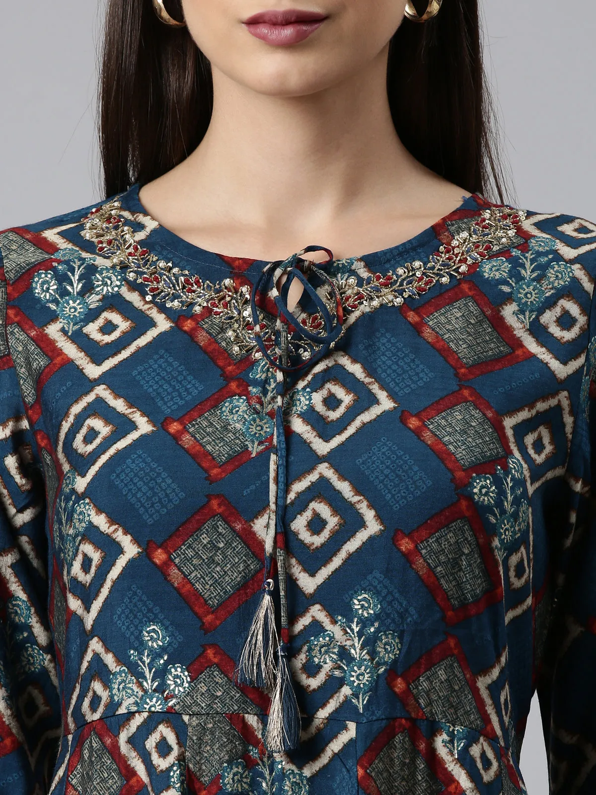 Neeru's Blue Regular Calf Length Printed Readymade Suits