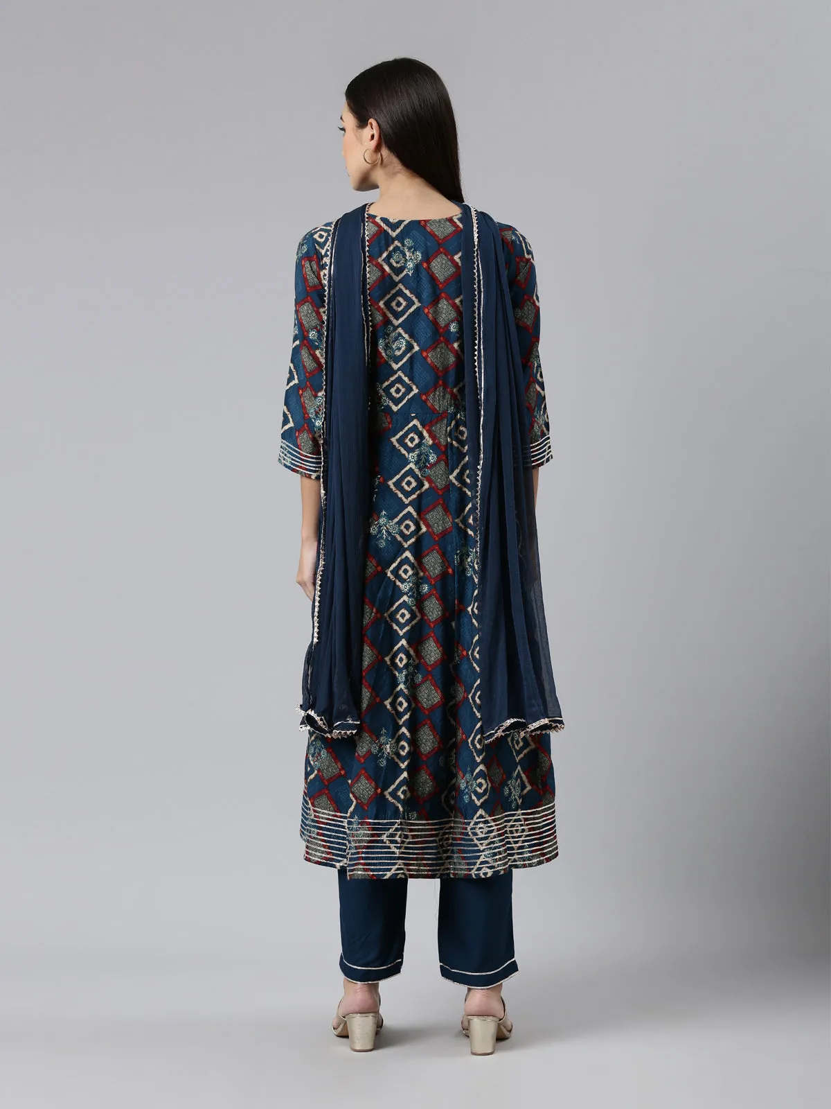 Neeru's Blue Regular Calf Length Printed Readymade Suits