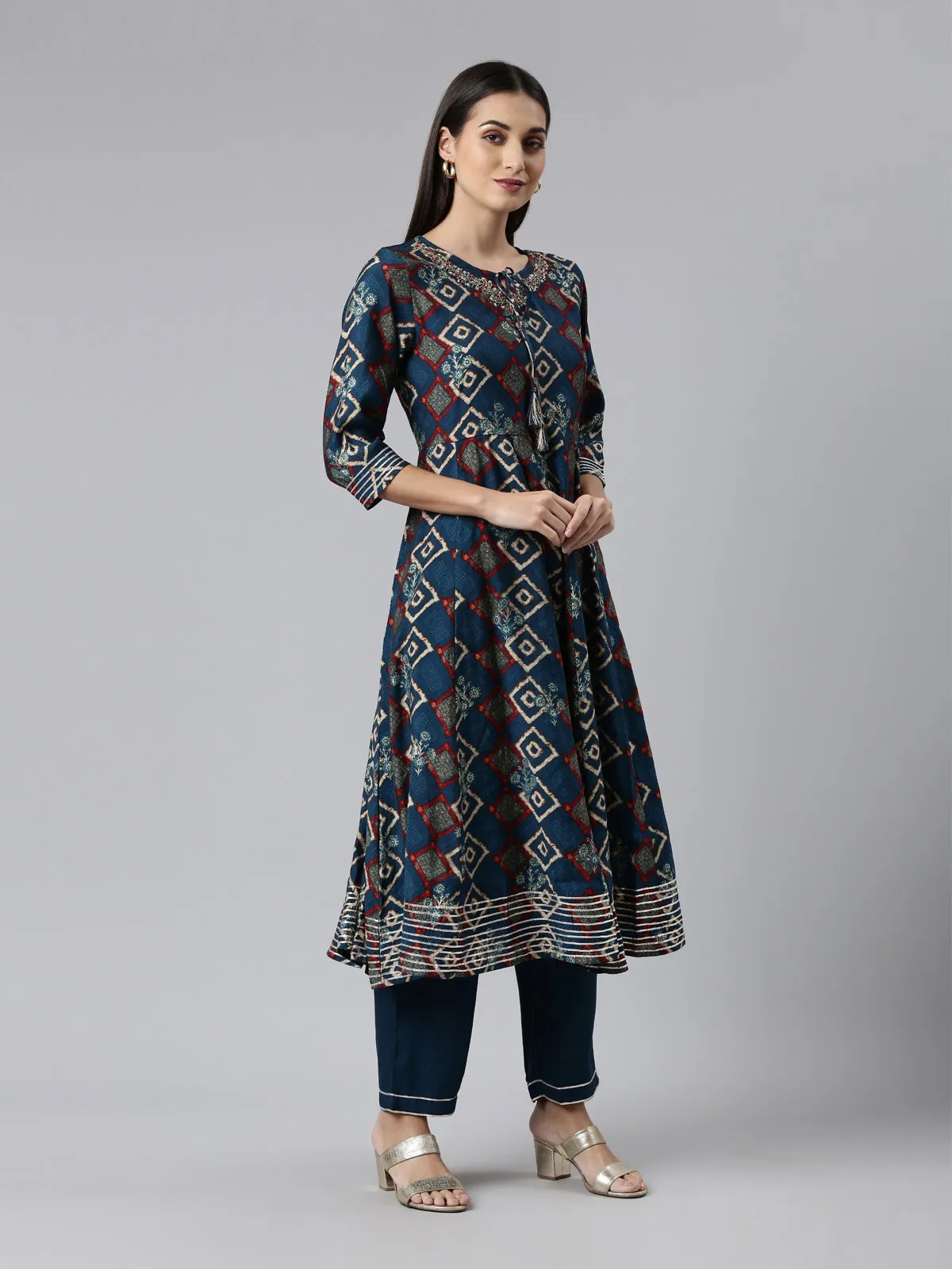 Neeru's Blue Regular Calf Length Printed Readymade Suits