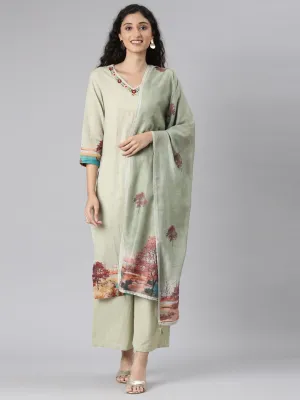 Neerus Green Straight Casual Kurta and Plazzo with Dupatta