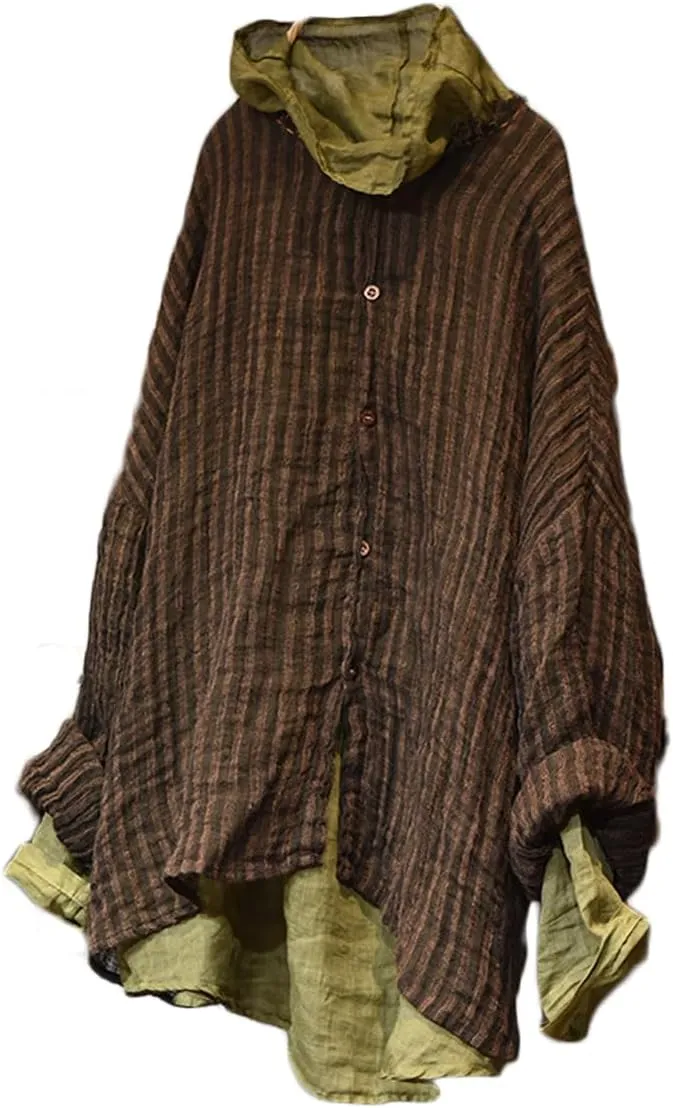 NFYM Womens Button Down Shirts Gauze Linen Dress Shirt Long Sleeve Pleated Stripe Tunic Tops