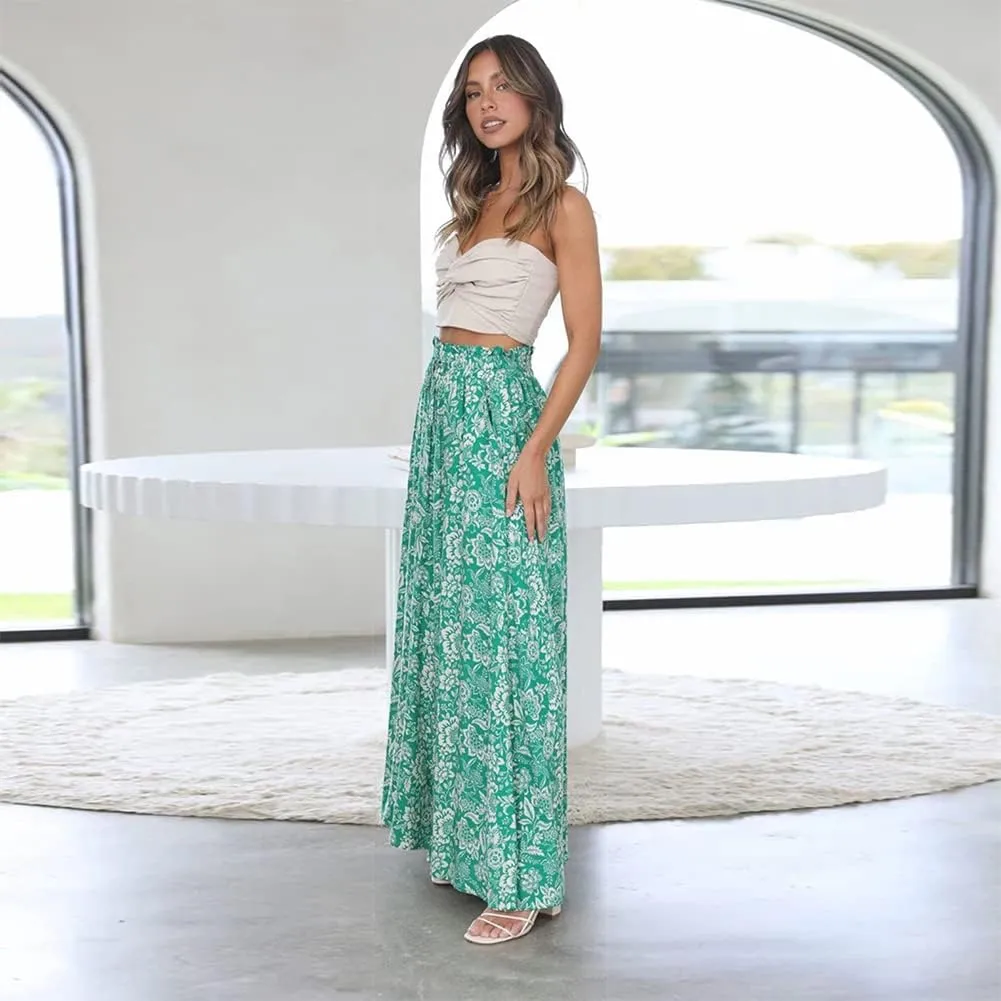 OBEEII Womens High Waist Chiffon Pants Boho Flowy Wide Leg Casual Palazzo Trousers