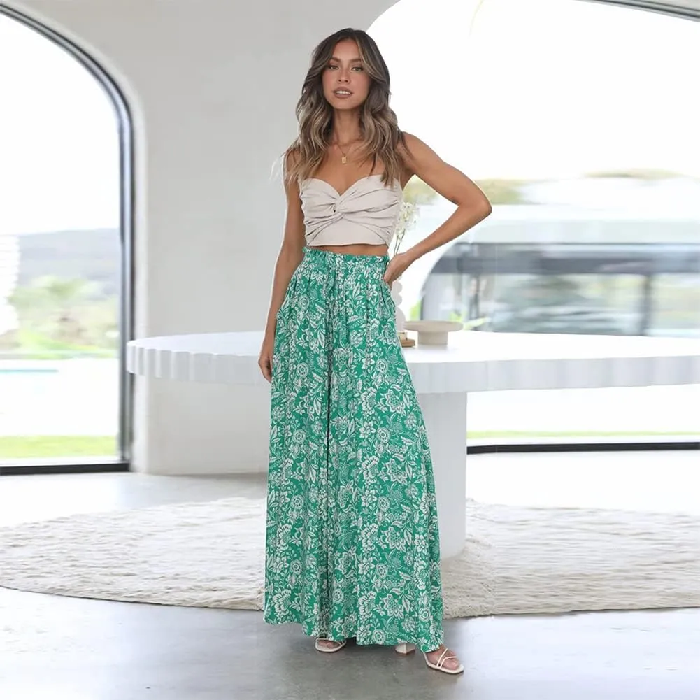 OBEEII Womens High Waist Chiffon Pants Boho Flowy Wide Leg Casual Palazzo Trousers