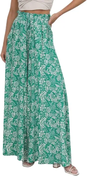 OBEEII Womens High Waist Chiffon Pants Boho Flowy Wide Leg Casual Palazzo Trousers