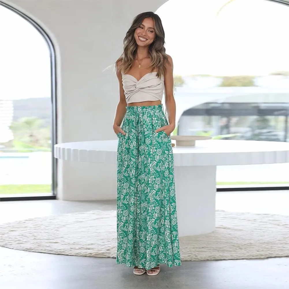 OBEEII Womens High Waist Chiffon Pants Boho Flowy Wide Leg Casual Palazzo Trousers
