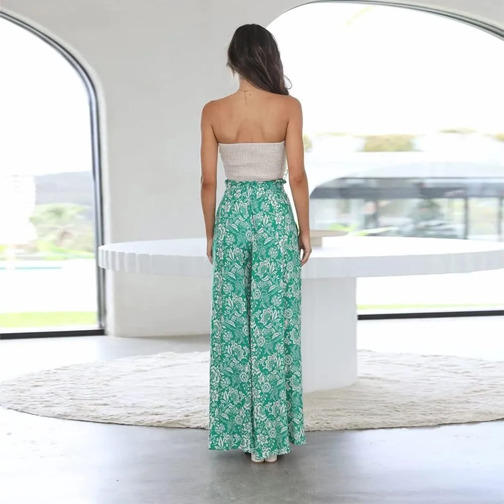 OBEEII Womens High Waist Chiffon Pants Boho Flowy Wide Leg Casual Palazzo Trousers