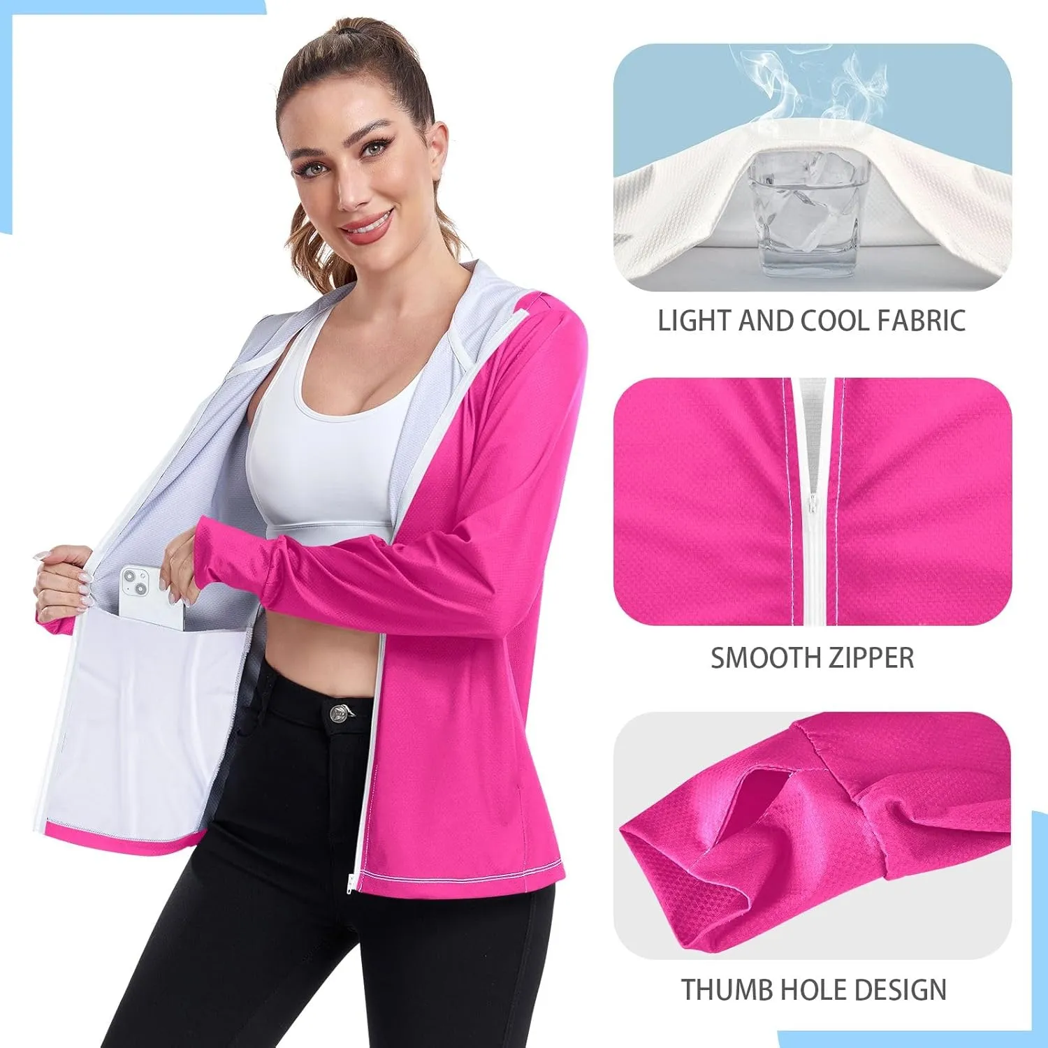 ODAWA Ruby Womens Upf Hoodie Upf 50 Sun Protection Shirt Long Sleeve Women's Hoodie Zip Front Rash Guard