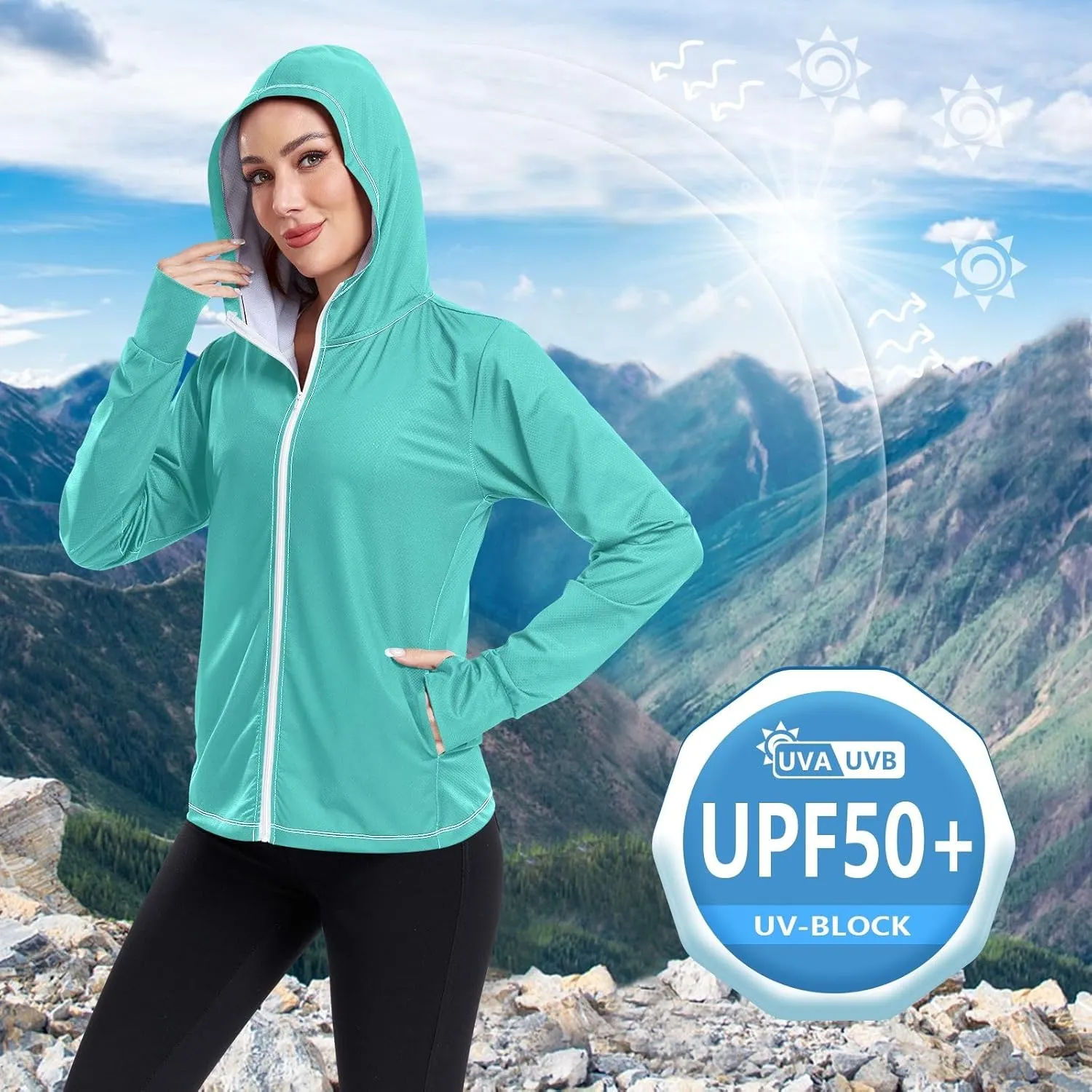 ODAWA Turquoise Womens Sun Protection Shirts Full Zip Front Swimsuit Tops UV Cooling Hoodie Summer Clothing