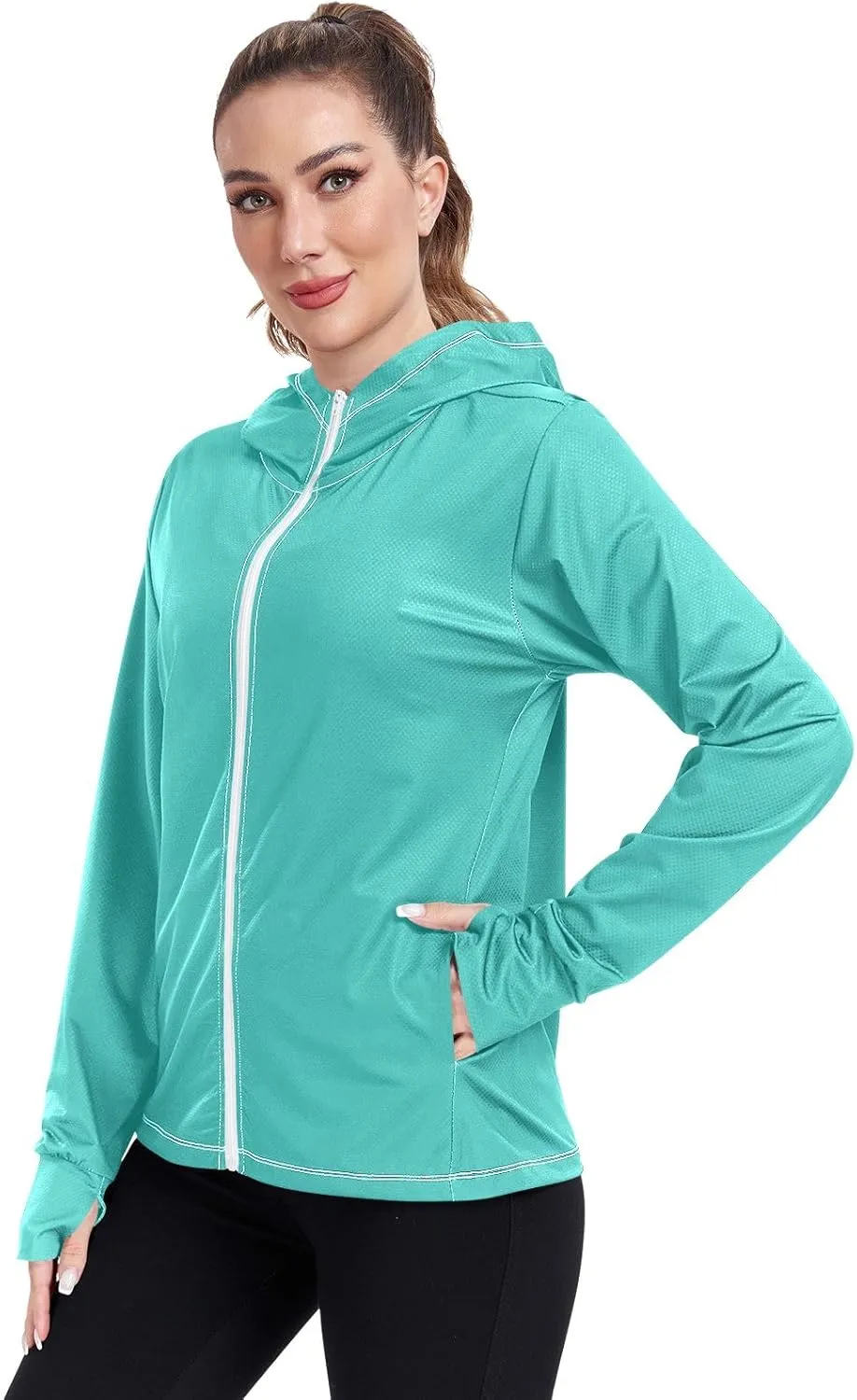 ODAWA Turquoise Womens Sun Protection Shirts Full Zip Front Swimsuit Tops UV Cooling Hoodie Summer Clothing