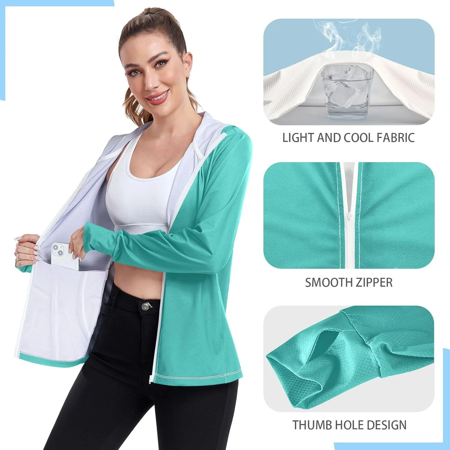 ODAWA Turquoise Womens Sun Protection Shirts Full Zip Front Swimsuit Tops UV Cooling Hoodie Summer Clothing