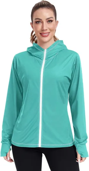 ODAWA Turquoise Womens Sun Protection Shirts Full Zip Front Swimsuit Tops UV Cooling Hoodie Summer Clothing