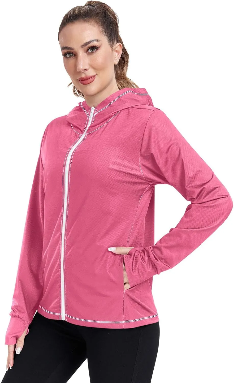 ODAWA Womens Upf Hoodie Spinel Red Lightweight Full Zip Running Jacket Womens Spf 50 Shirts Long Sleeve Lightweight