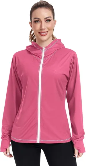 ODAWA Womens Upf Hoodie Spinel Red Lightweight Full Zip Running Jacket Womens Spf 50 Shirts Long Sleeve Lightweight