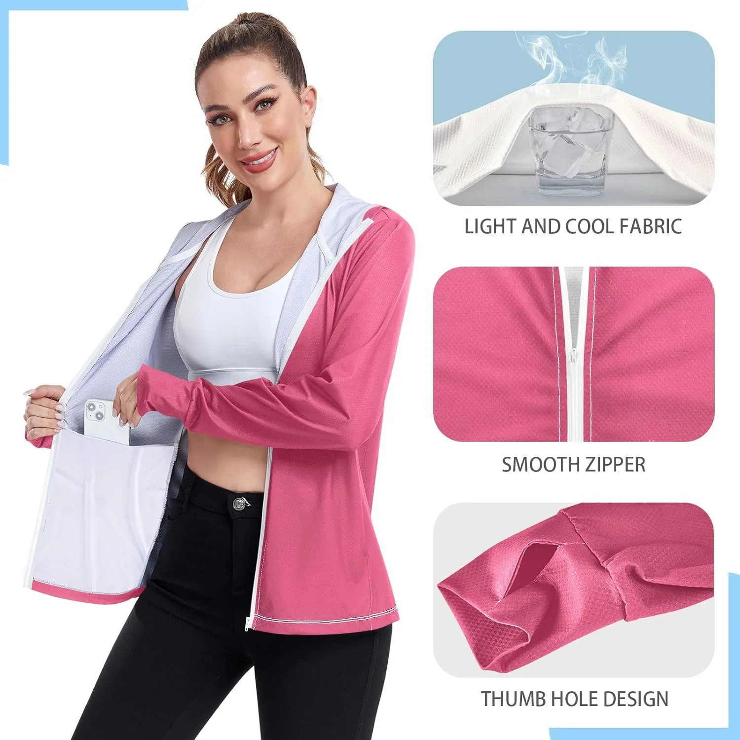 ODAWA Womens Upf Hoodie Spinel Red Lightweight Full Zip Running Jacket Womens Spf 50 Shirts Long Sleeve Lightweight