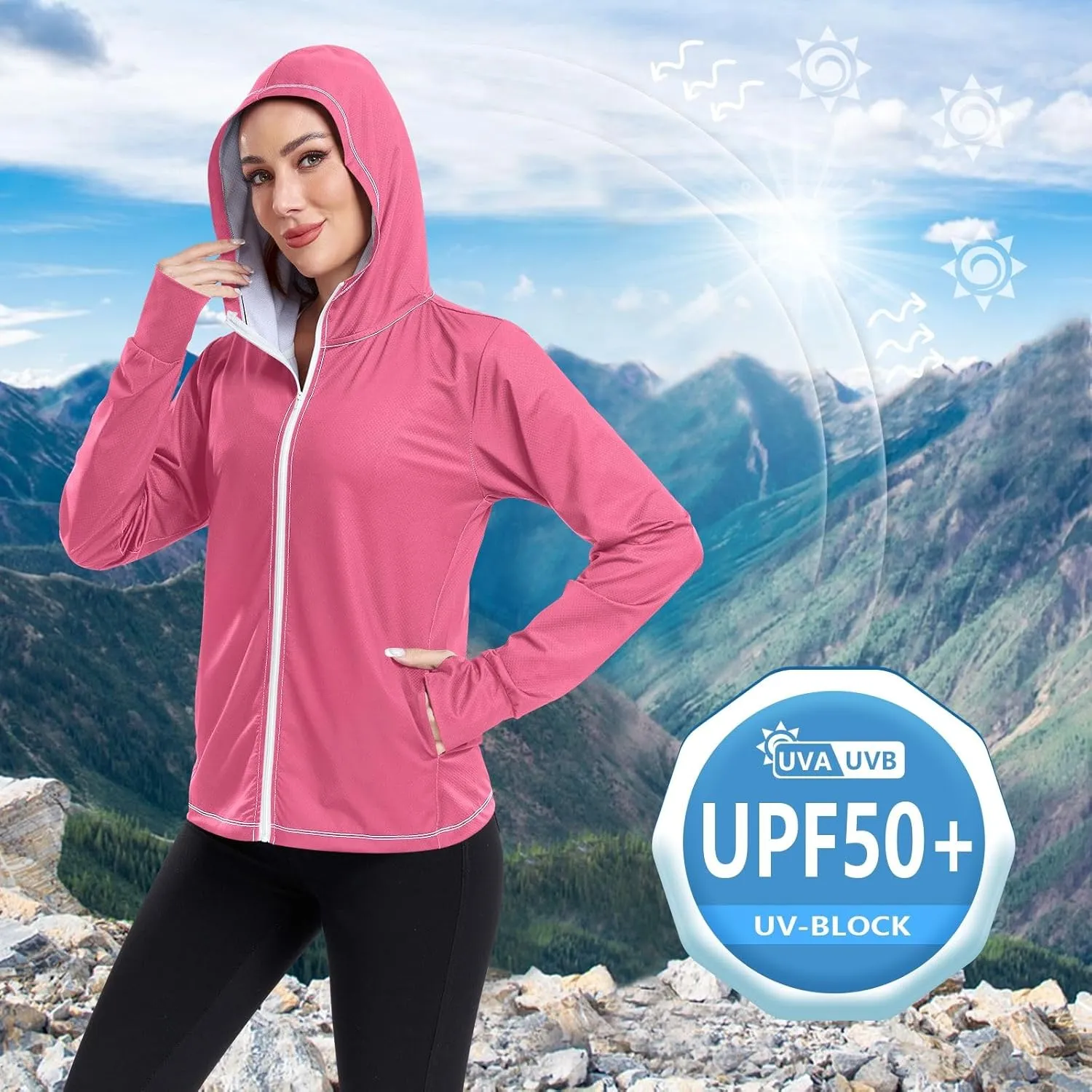 ODAWA Womens Upf Hoodie Spinel Red Lightweight Full Zip Running Jacket Womens Spf 50 Shirts Long Sleeve Lightweight