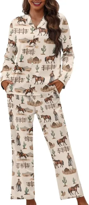 Pajamas for Women Set Long Sleeve Button Down Pajama Set Womens Button Up Top Pants
