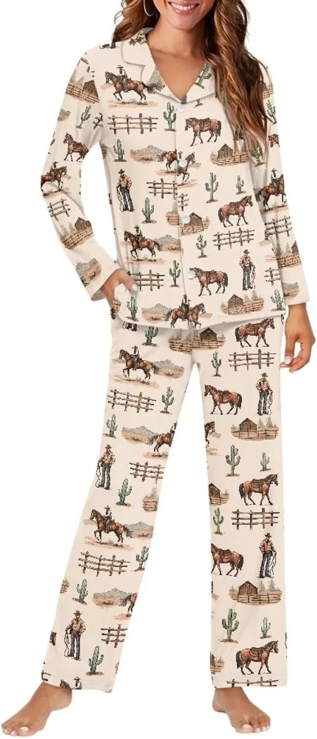Pajamas for Women Set Long Sleeve Button Down Pajama Set Womens Button Up Top Pants