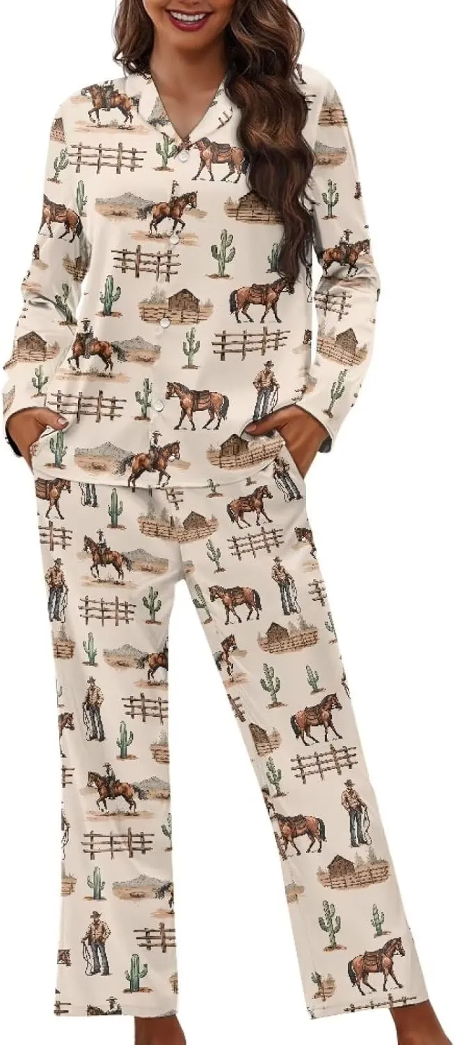 Pajamas for Women Set Long Sleeve Button Down Pajama Set Womens Button Up Top Pants
