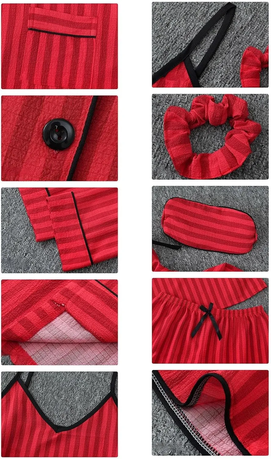 Pajamas Set for Women Summer Sleepwear Cute Loungewear Shorts Pj Set 7 Piece Striped Print Nightwear Y2k Trendy Outfit