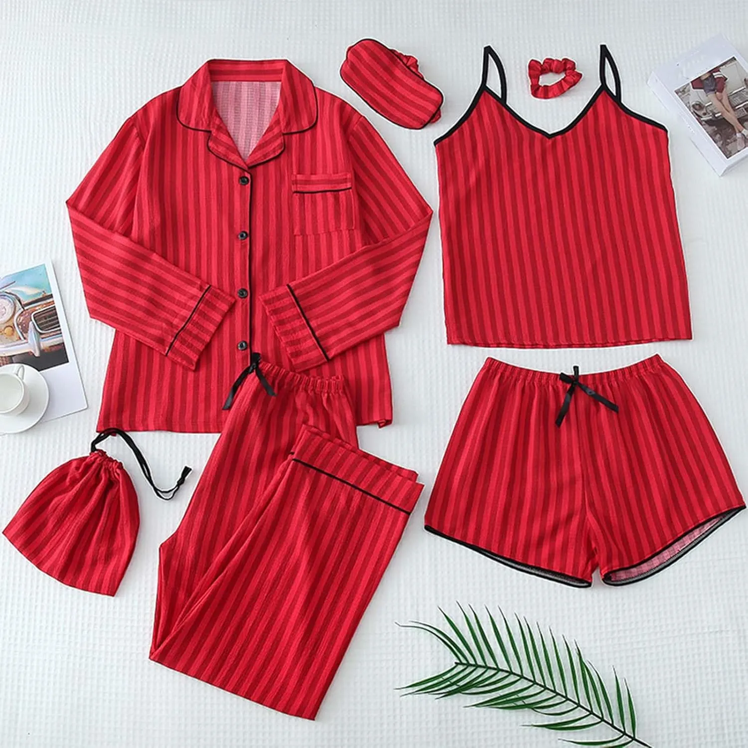 Pajamas Set for Women Summer Sleepwear Cute Loungewear Shorts Pj Set 7 Piece Striped Print Nightwear Y2k Trendy Outfit