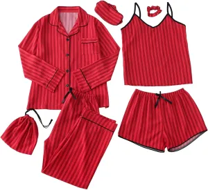 Pajamas Set for Women Summer Sleepwear Cute Loungewear Shorts Pj Set 7 Piece Striped Print Nightwear Y2k Trendy Outfit