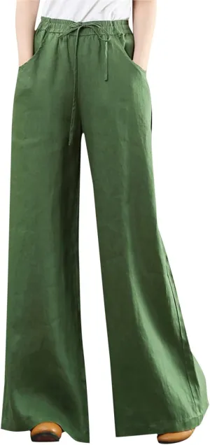 Palazzo Pants for Women Casual Plus Size Linen Pants Summer Comfy Wide Leg Drawstring Elastic Waist Lounge Pants