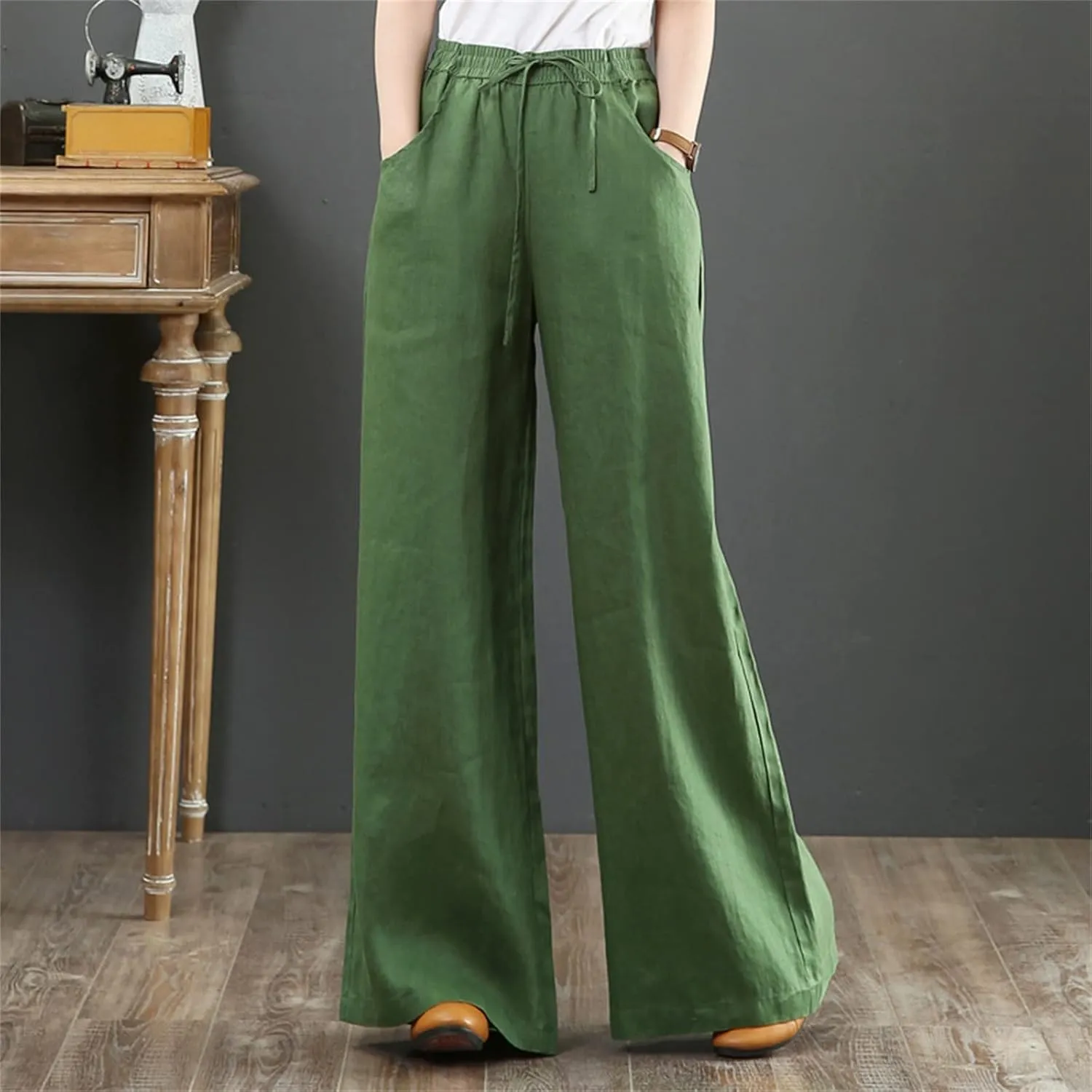 Palazzo Pants for Women Casual Plus Size Linen Pants Summer Comfy Wide Leg Drawstring Elastic Waist Lounge Pants