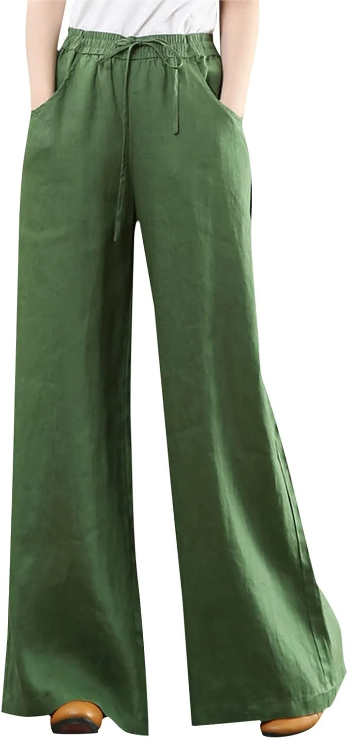 Palazzo Pants for Women Casual Plus Size Linen Pants Summer Comfy Wide Leg Drawstring Elastic Waist Lounge Pants