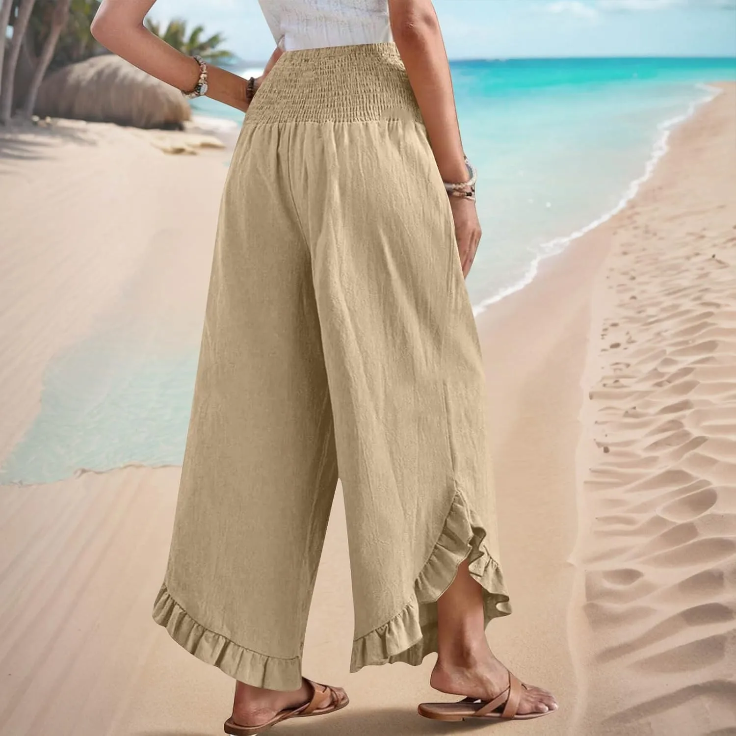 Palazzo Pants for Women Summer Linen Smocked Waist Wide Leg Pant Boho Flowy Ruffle Hem Casual Beach Vacation Trousers