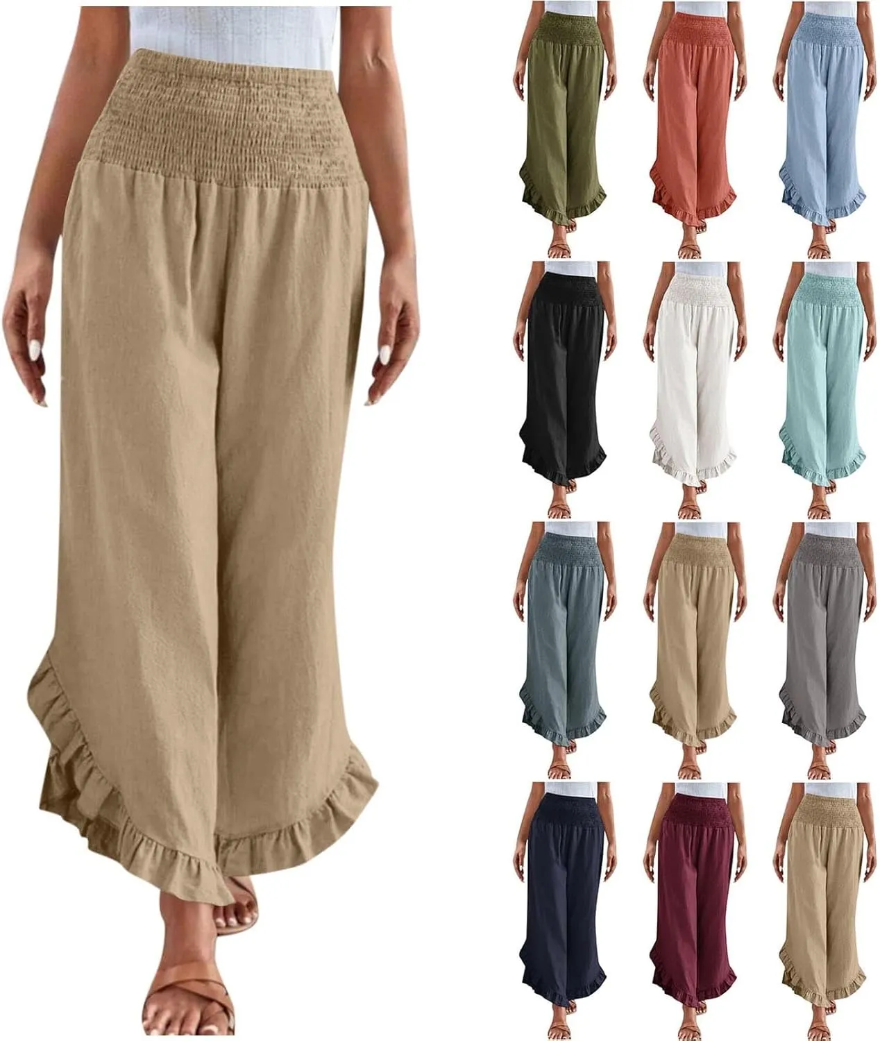 Palazzo Pants for Women Summer Linen Smocked Waist Wide Leg Pant Boho Flowy Ruffle Hem Casual Beach Vacation Trousers