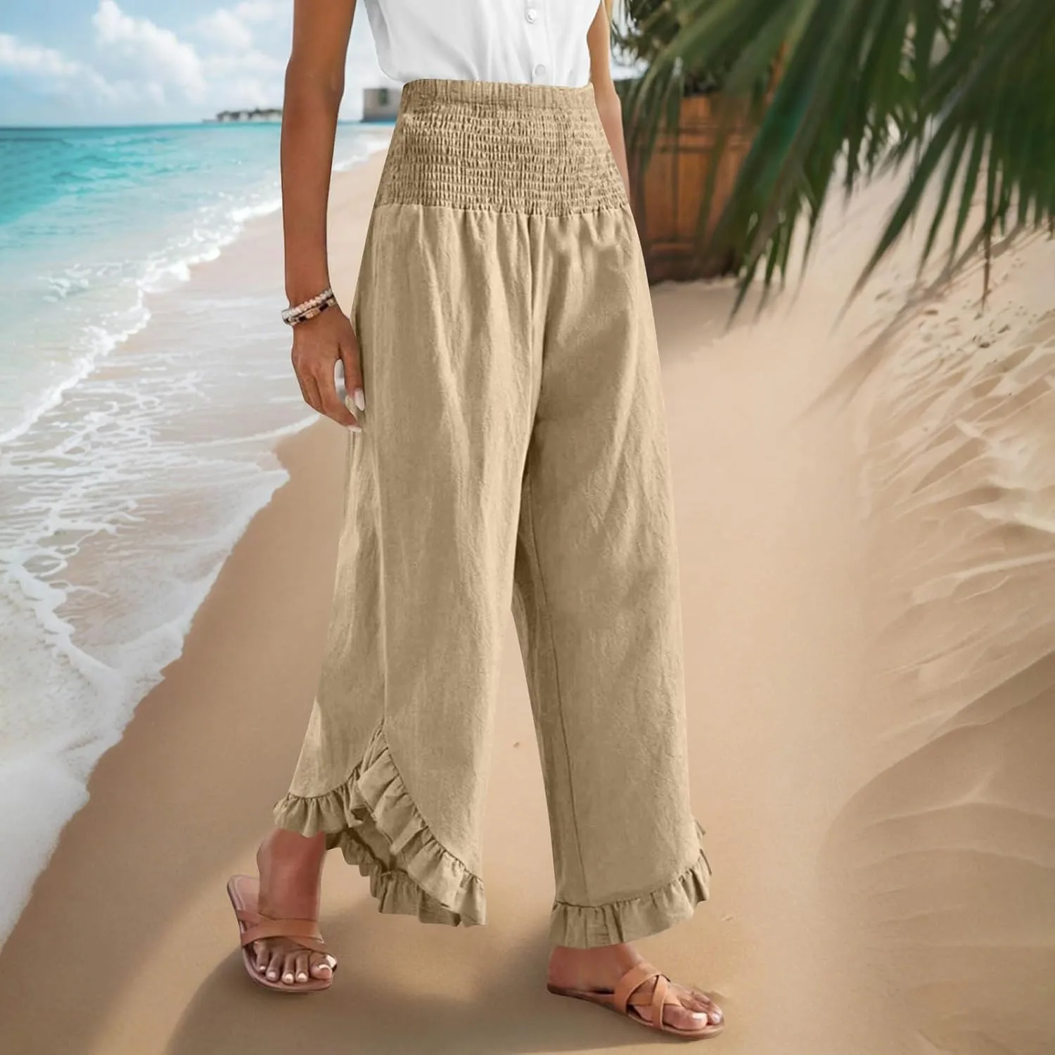 Palazzo Pants for Women Summer Linen Smocked Waist Wide Leg Pant Boho Flowy Ruffle Hem Casual Beach Vacation Trousers