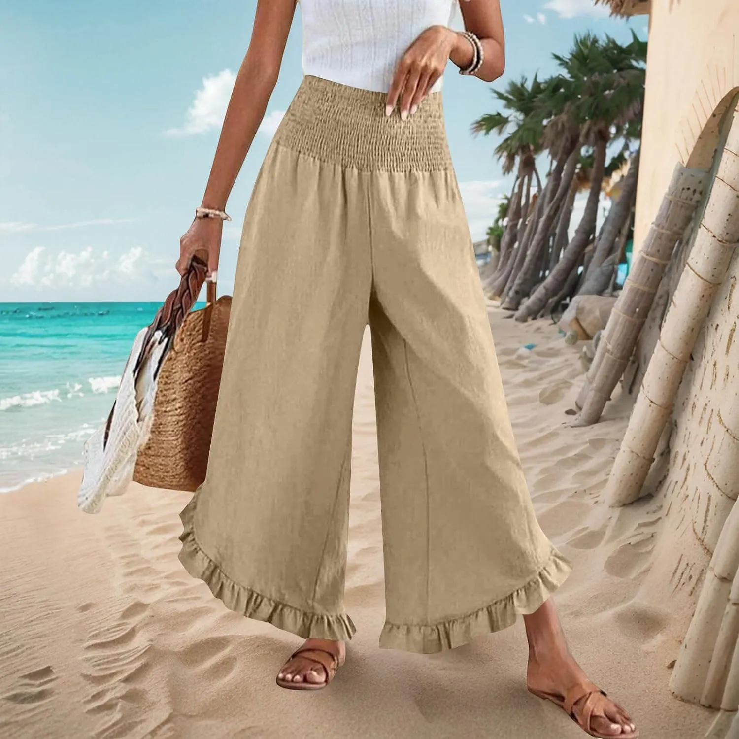 Palazzo Pants for Women Summer Linen Smocked Waist Wide Leg Pant Boho Flowy Ruffle Hem Casual Beach Vacation Trousers