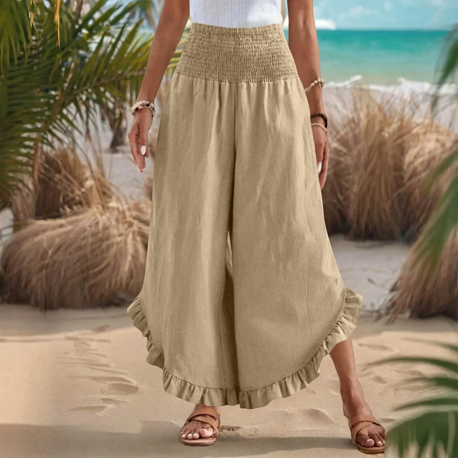 Palazzo Pants for Women Summer Linen Smocked Waist Wide Leg Pant Boho Flowy Ruffle Hem Casual Beach Vacation Trousers