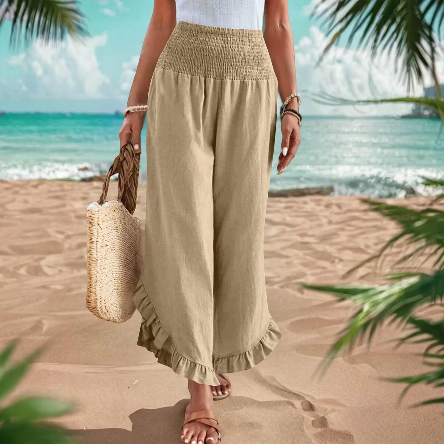 Palazzo Pants for Women Summer Linen Smocked Waist Wide Leg Pant Boho Flowy Ruffle Hem Casual Beach Vacation Trousers