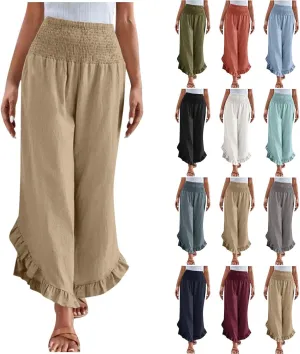 Palazzo Pants for Women Summer Linen Smocked Waist Wide Leg Pant Boho Flowy Ruffle Hem Casual Beach Vacation Trousers