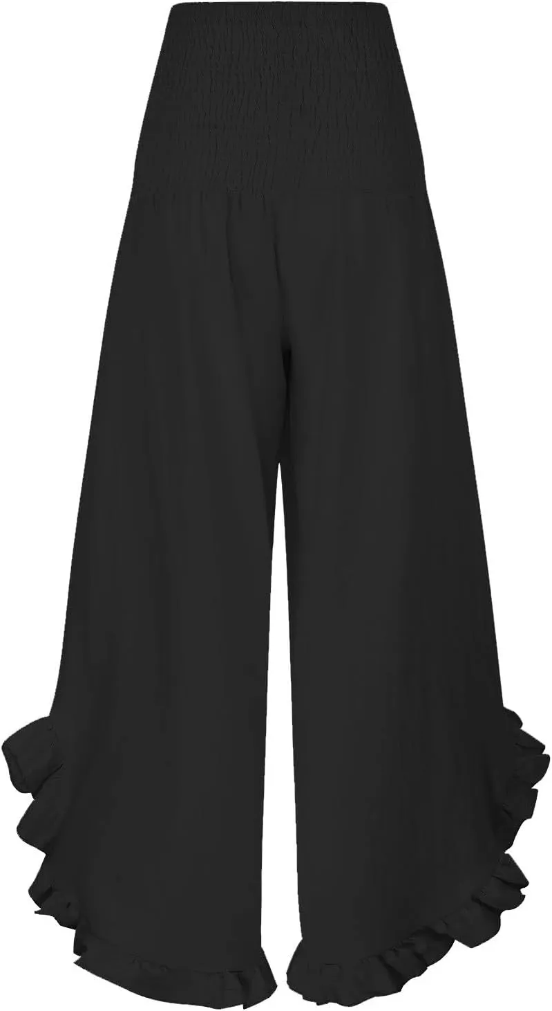 Palazzo Pants for Women Summer Smocked High Waisted Wide Leg Ruffle Hem Trousers Boho Flowy Beach Vacation Clothes