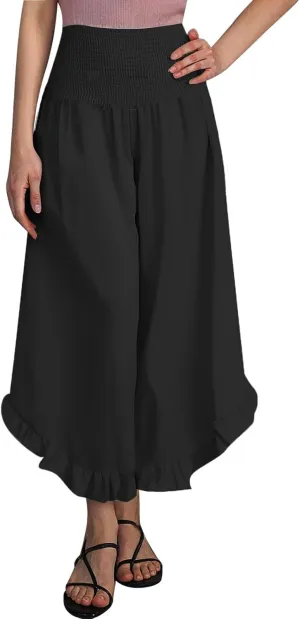 Palazzo Pants for Women Summer Smocked High Waisted Wide Leg Ruffle Hem Trousers Boho Flowy Beach Vacation Clothes