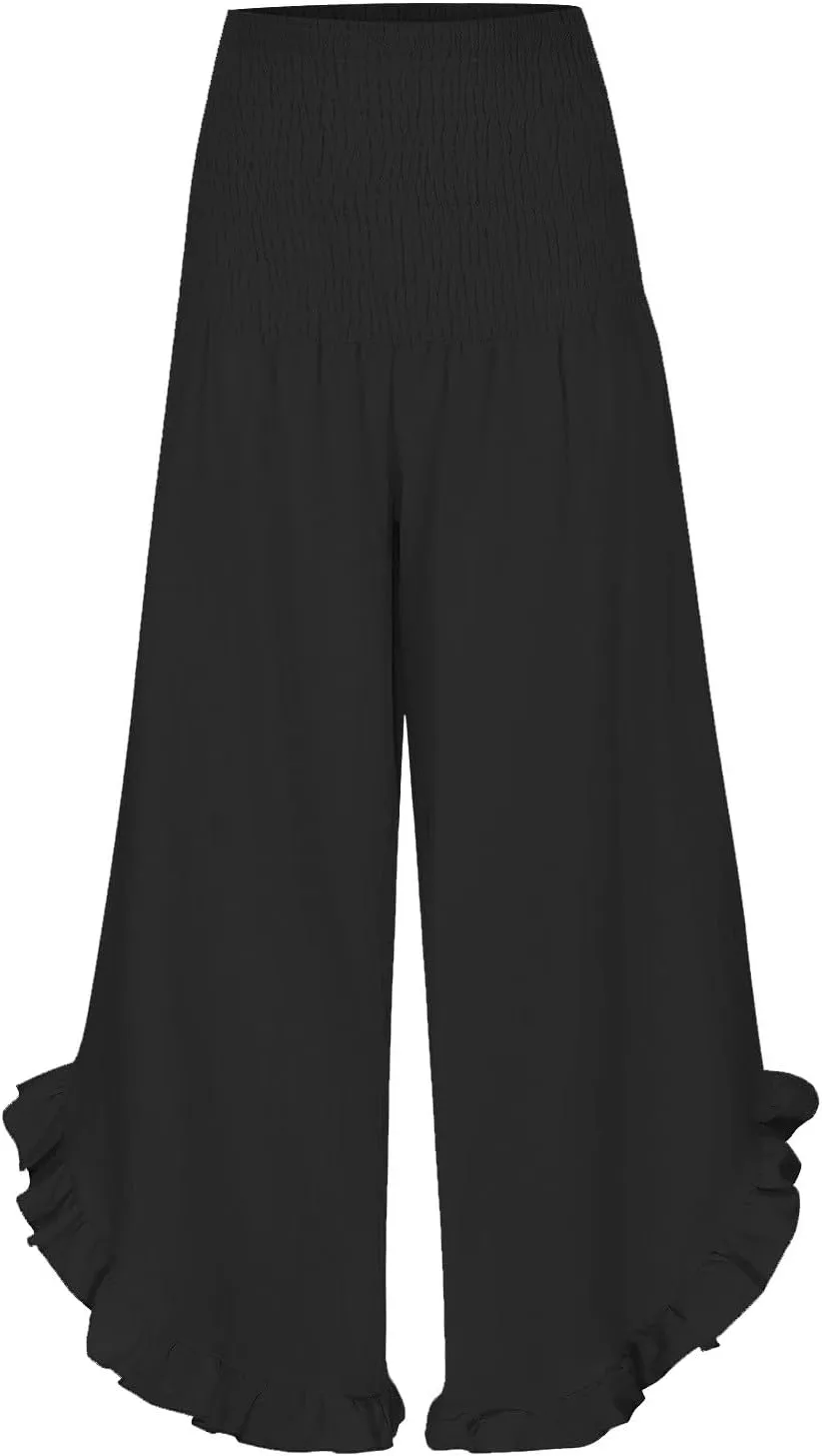 Palazzo Pants for Women Summer Smocked High Waisted Wide Leg Ruffle Hem Trousers Boho Flowy Beach Vacation Clothes