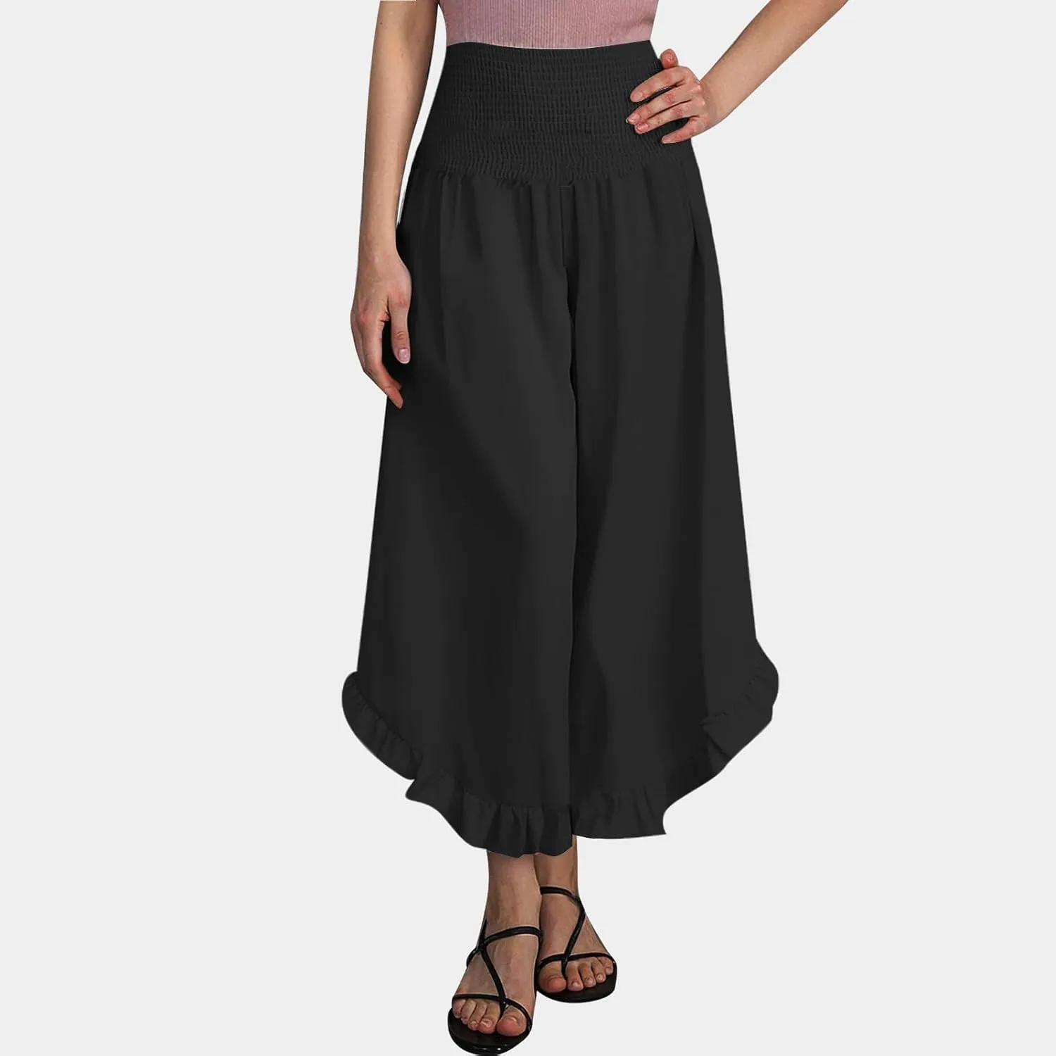 Palazzo Pants for Women Summer Smocked High Waisted Wide Leg Ruffle Hem Trousers Boho Flowy Beach Vacation Clothes