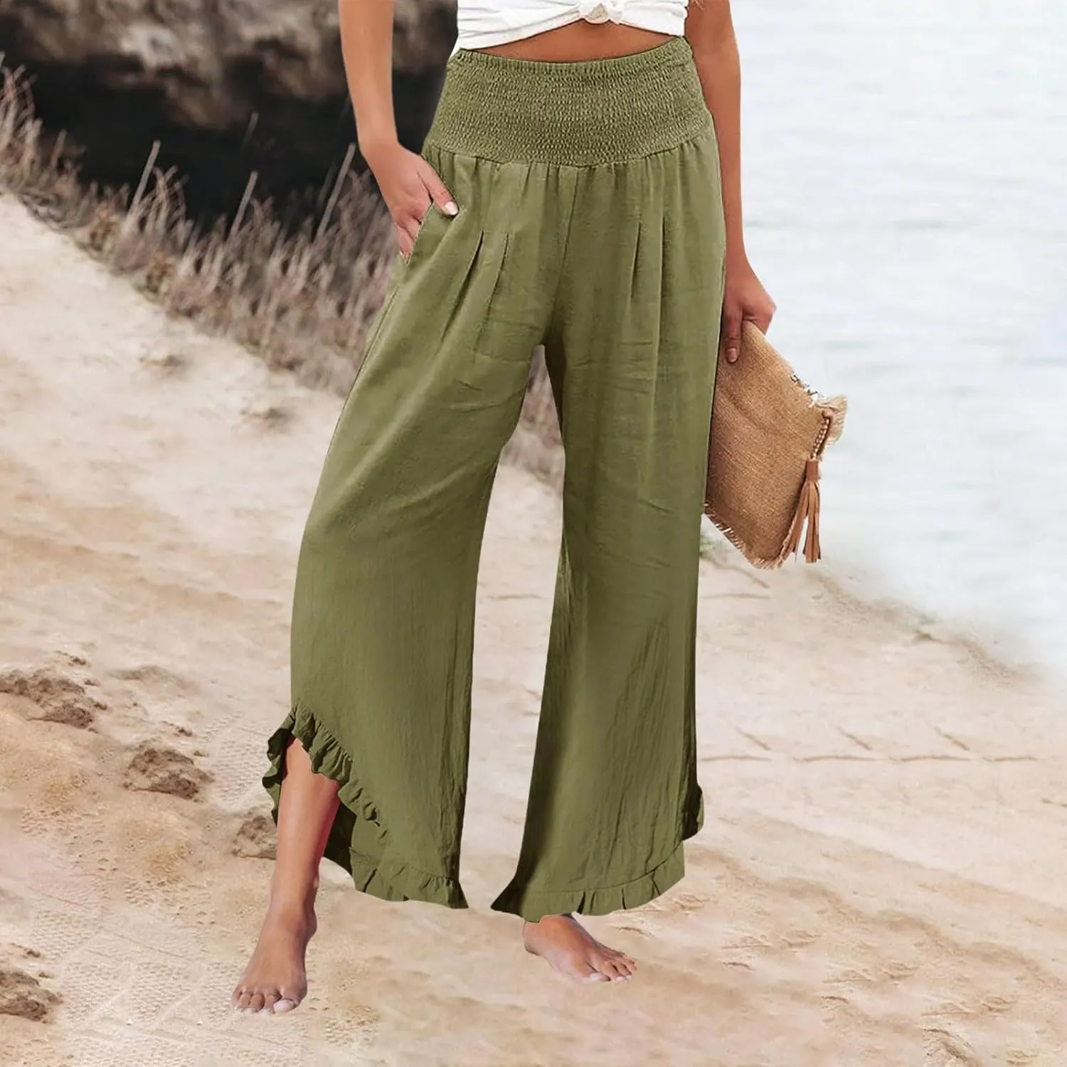 Pants for Women, Cotton Linen Straight Leg Wide Pants High Waisted Summer