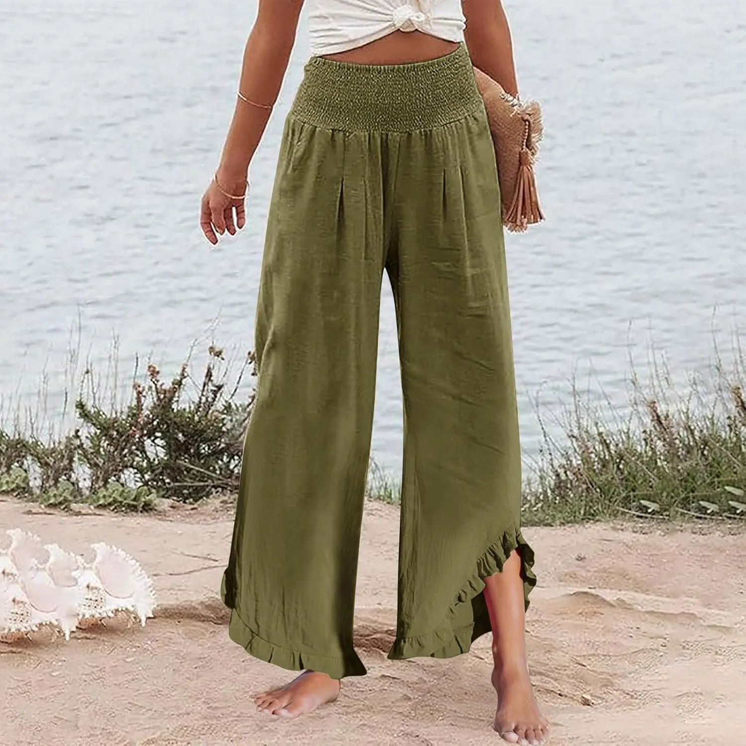 Pants for Women, Cotton Linen Straight Leg Wide Pants High Waisted Summer
