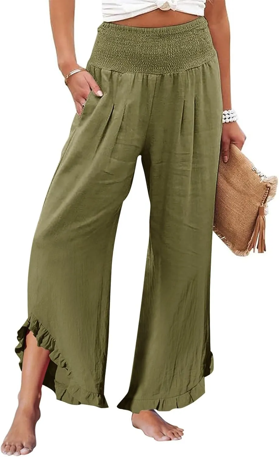 Pants for Women, Cotton Linen Straight Leg Wide Pants High Waisted Summer