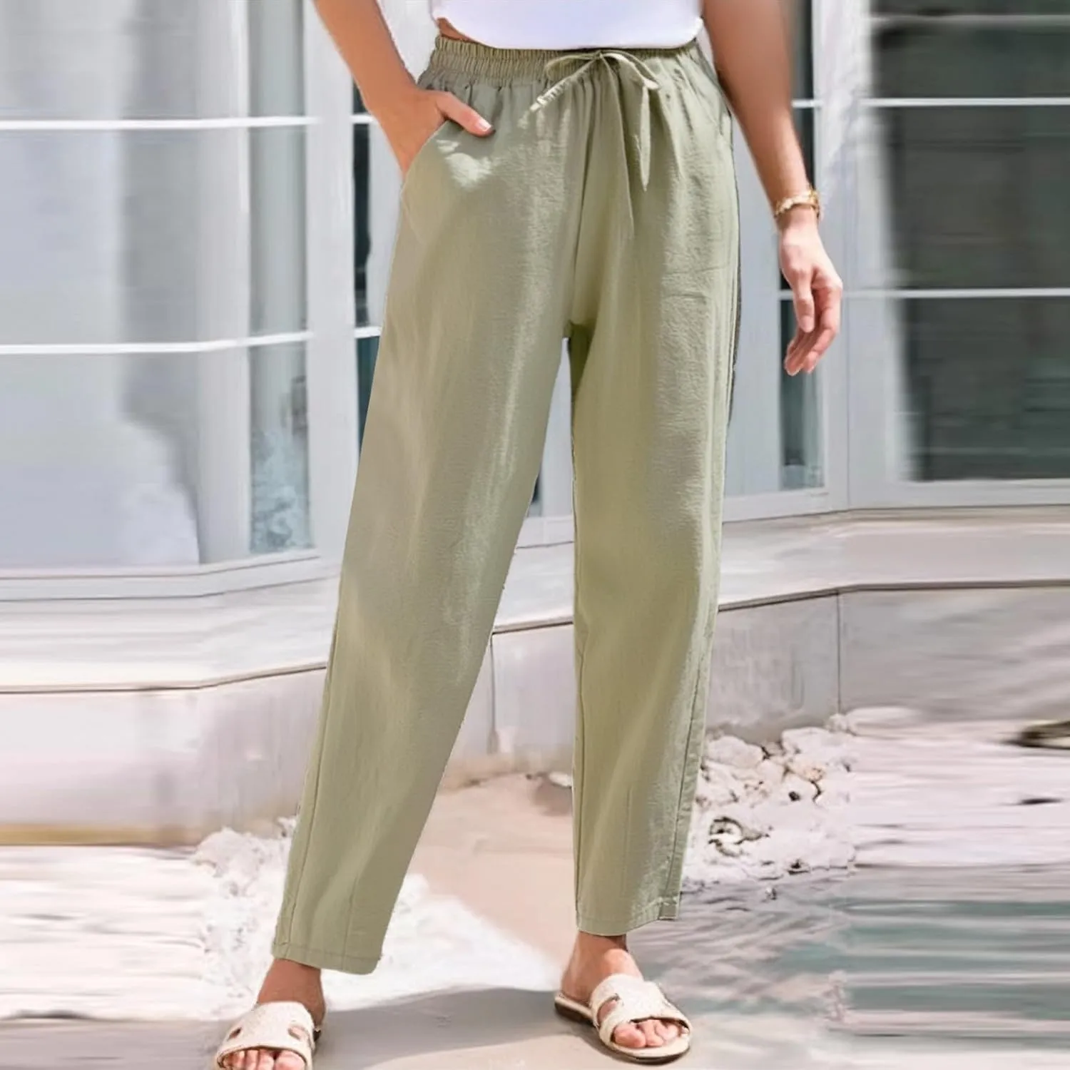 Pants for Women, Pants Women Casual Peasant Linen Straight Leg Cotton Plus
