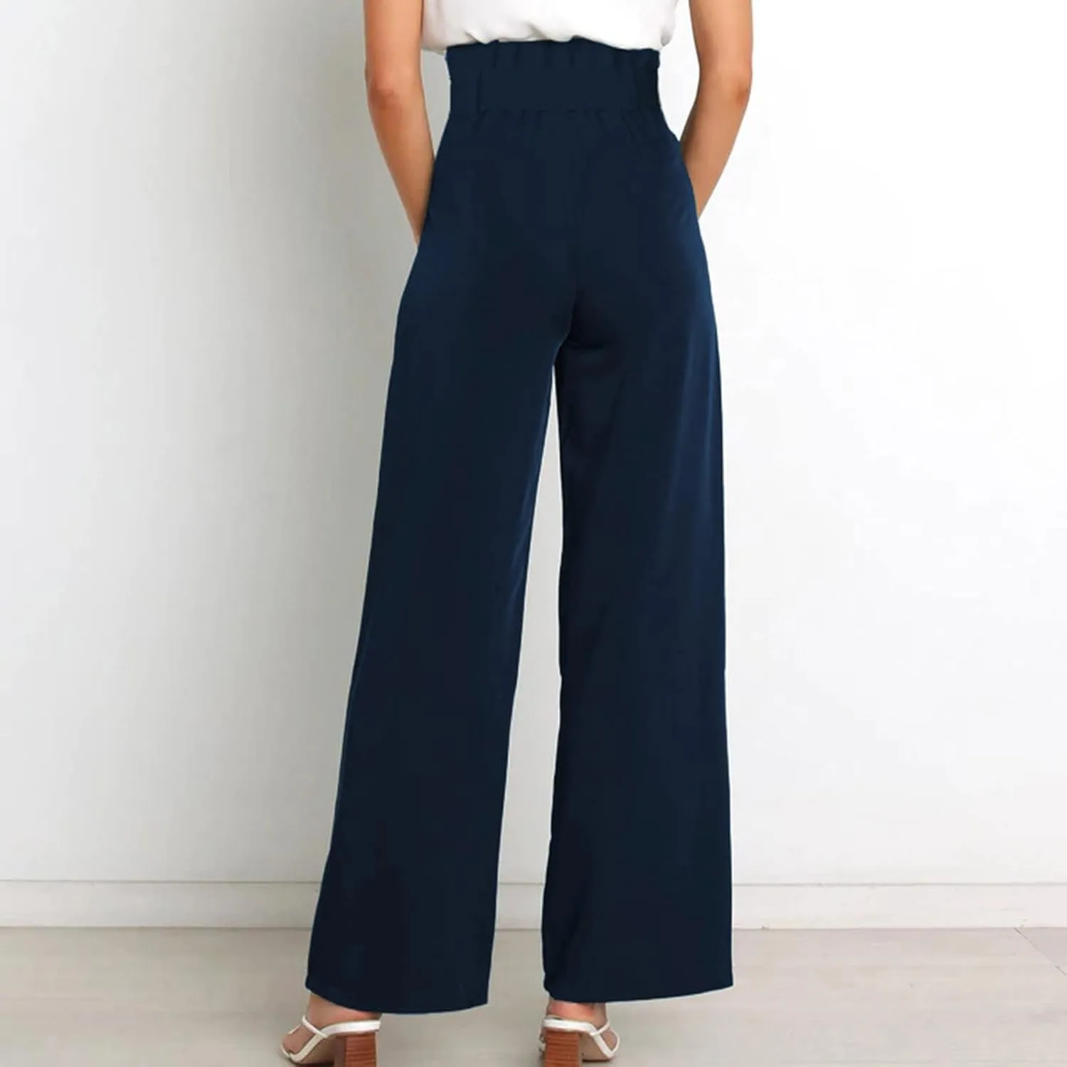 Paper Bag Pants Women High Waist Summer Casual Wide Leg Palazzo Pant Elegant Belted Long Trousers with Pockets